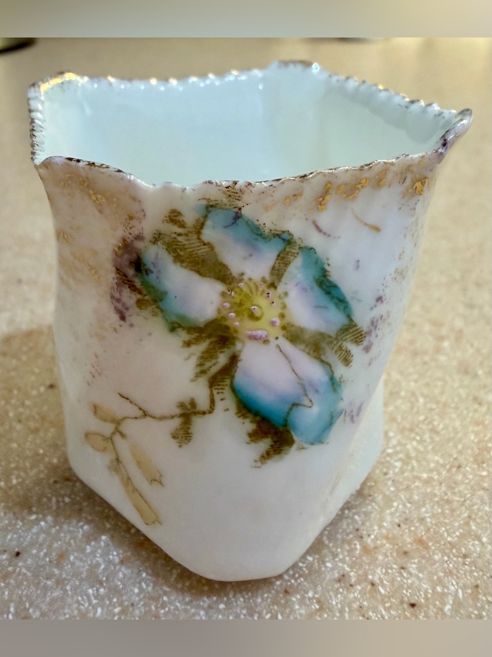 Antique Porcelain Toothpick Holder Twisted Swirled Square White Gold Blue Floral
